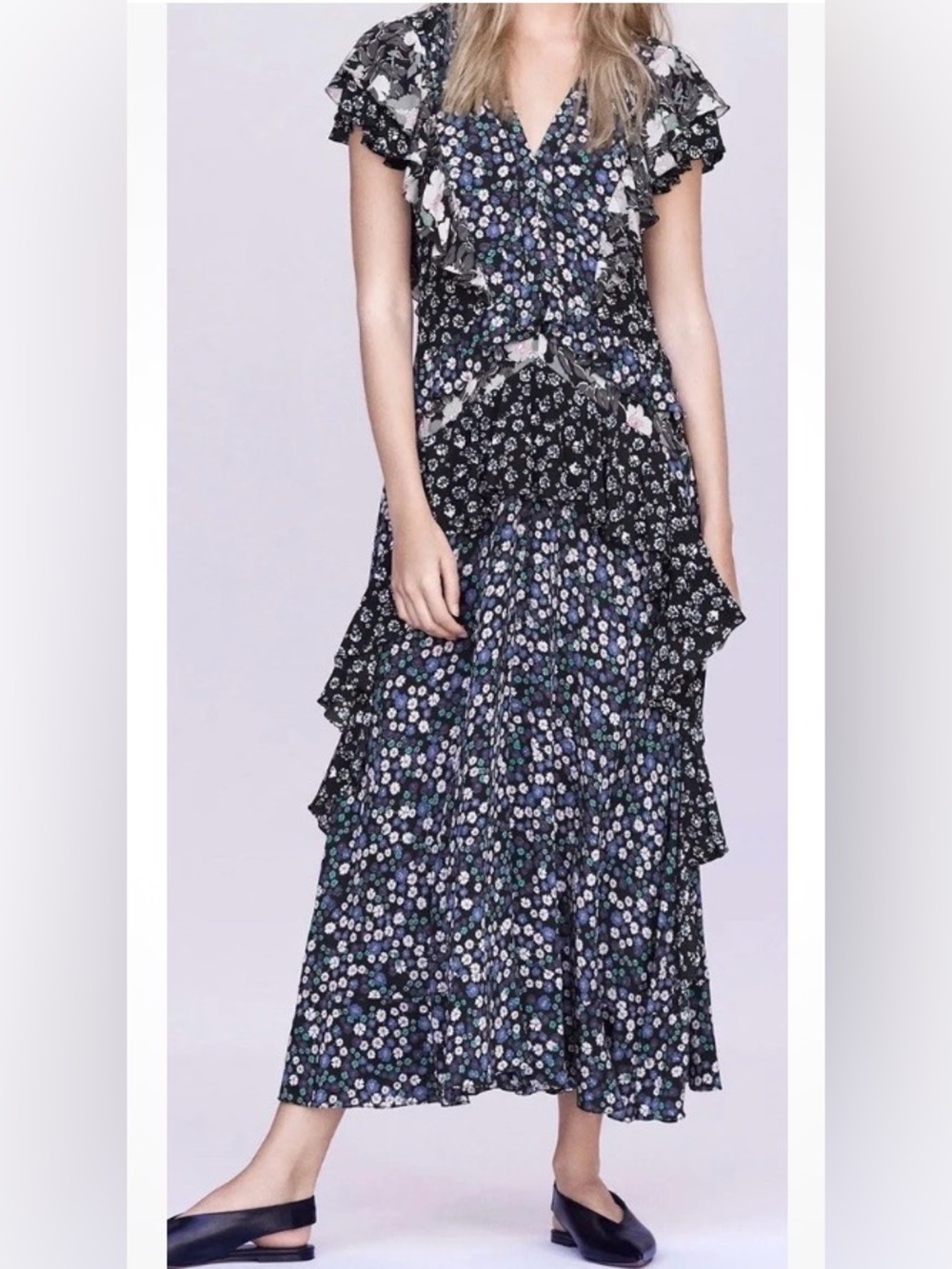 Rebecca Taylor Silk Patch Print Ruffle Maxi Shift Dress Sz 4 Mixed Floral V-Neck